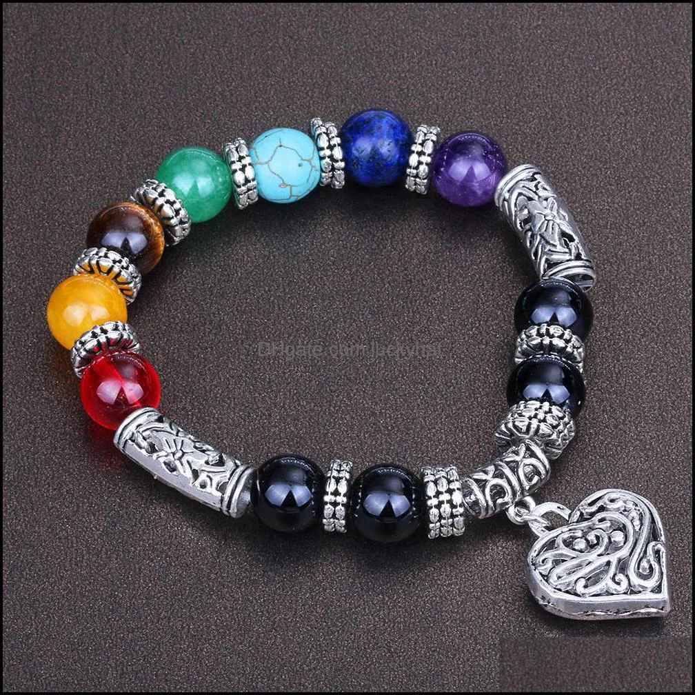 10mm heart charm beads bracelet for women men handmade 7 chakra healing balancing yoga bracelets retro jewelry gifts