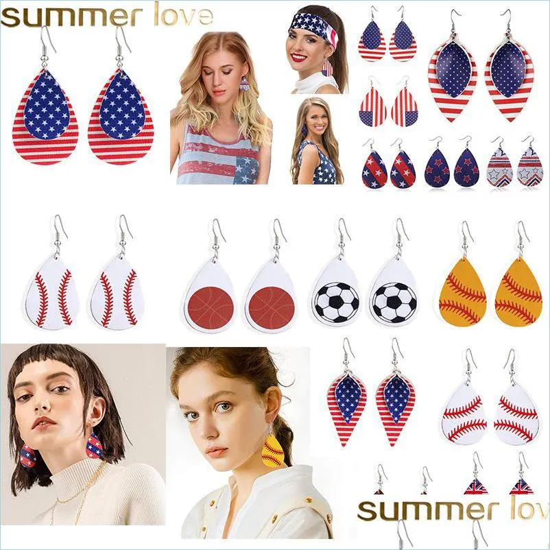 fashion design baseball sports pu leather earring uk united states flag teardrop printing dangle earring for independence day women