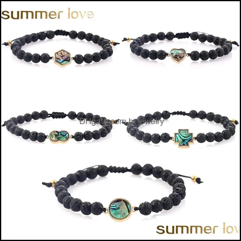6mm lava stone beaded bracelet for men women handmade braided natural abalone shell heart round cross charm bracelet fashion jewelry