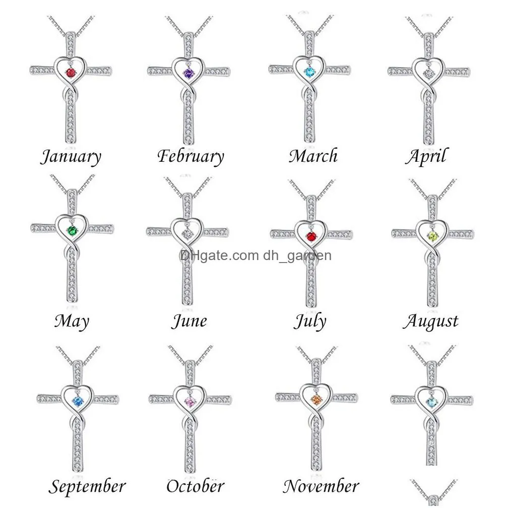 cr fashion cross floating birthstone pendant s925 sterling silver plated gems birthday necklace gift