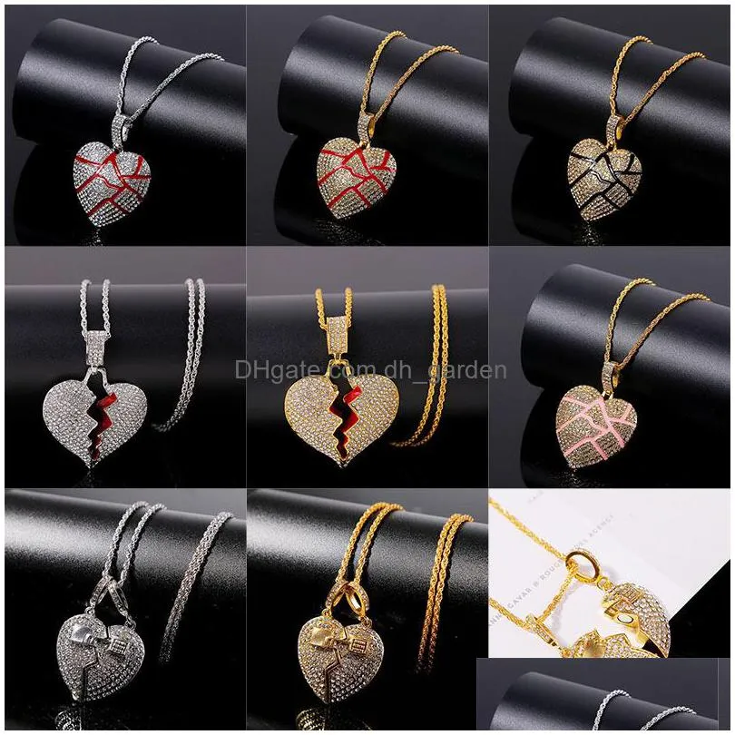 iced out pendant broken heart designer necklaces unisex bling crystal rhinestone charm gold silver chain hip hop necklace