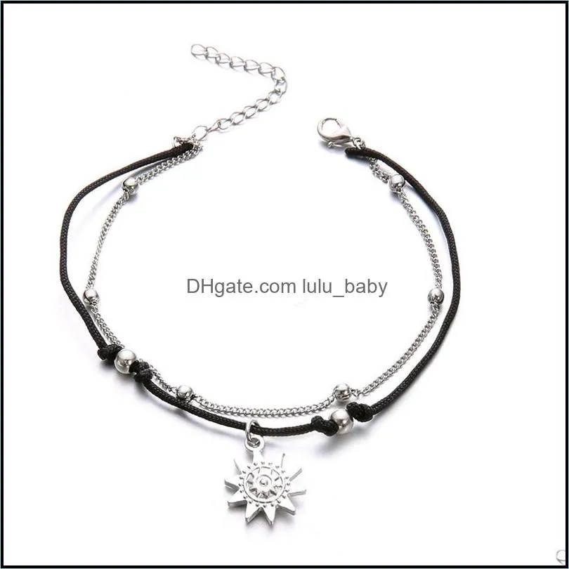 bohemia sun pendant beaded anklet bracelet for women simple rope alloy doublelayer in summer leg ankle foot jewelry anklets