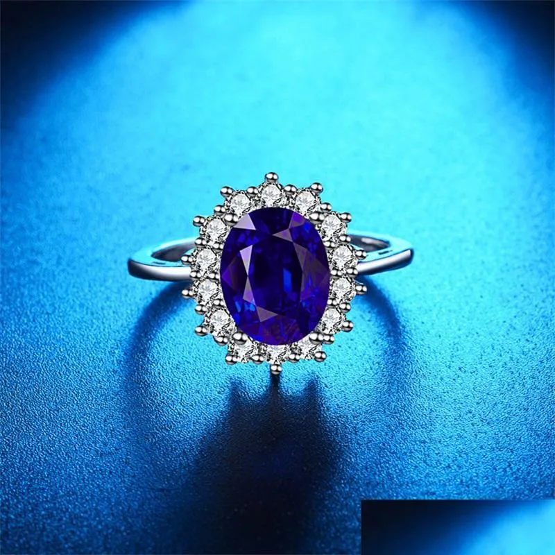 created blue sapphire ring princess crown halo engagement wedding rings 925 sterling silver rings for women 2021 1227 t2