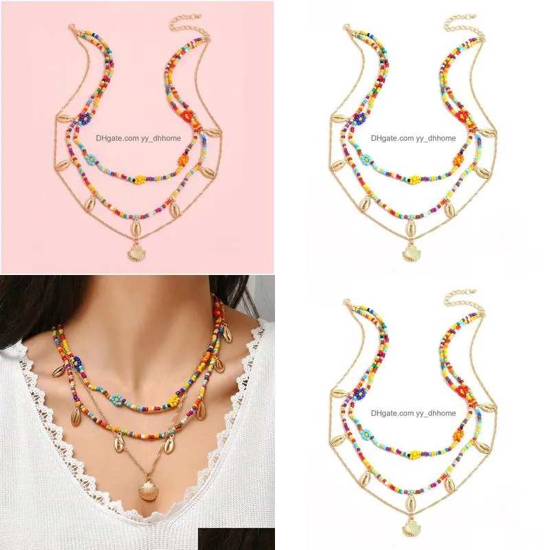 fashion jewelry multilayer necklace colorful beaded shell scallop pendant sweater chain choker necklaces