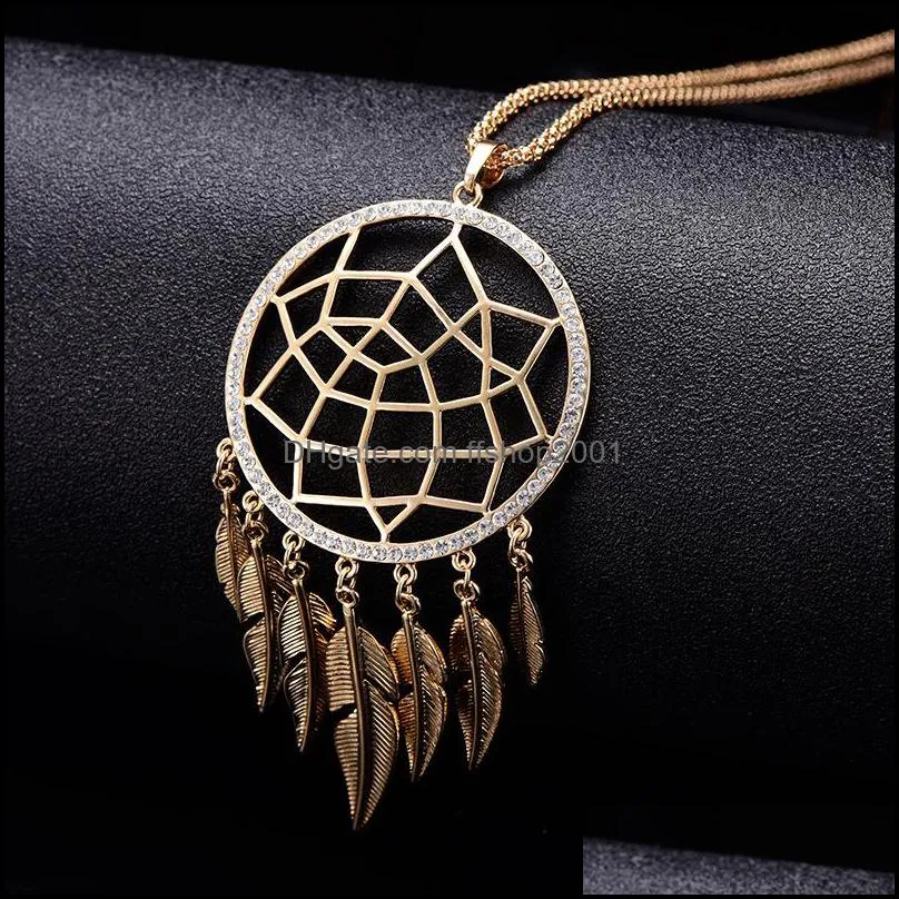  round hollow dream catcher crystal choker necklace for women long leaf feather tasssel pendant alloy jewelry