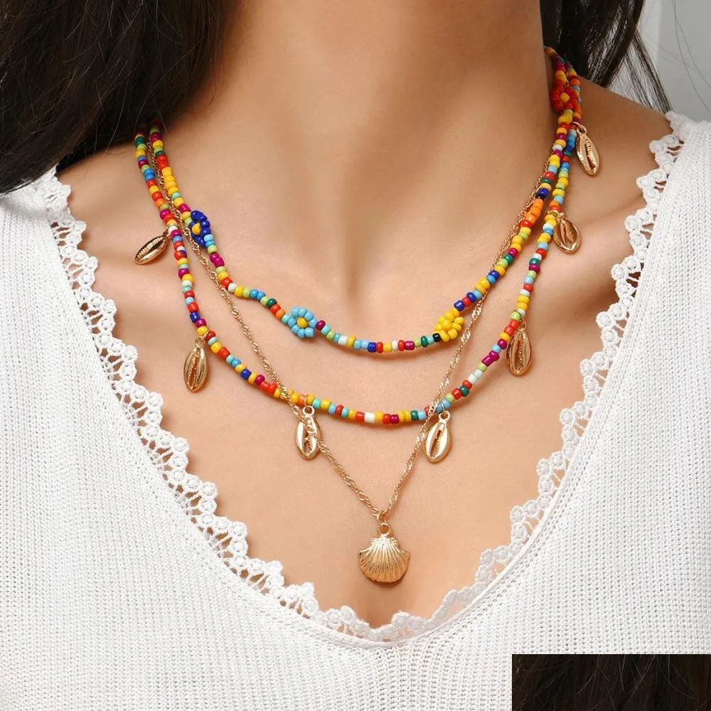 fashion jewelry multilayer necklace colorful beaded shell scallop pendant sweater chain choker necklaces