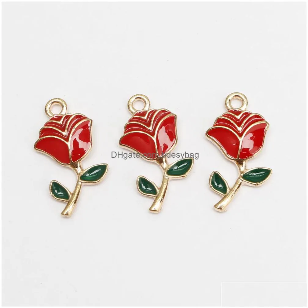 20pcs enamel romantic rose flower charms pendant cute drip oil alloy valentines charm for jewelry making supplies