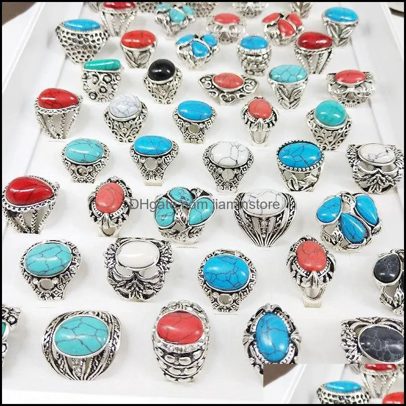  30pcs/pack turquoise ring mens womens fashion jewelry antique silver vintage natural stone ring party gifts 634 q2