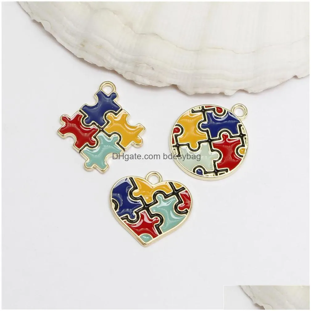 18pcs enamel autism pendant drop oil charms colorful jewelry making diy handmade craft puzzle piece for bracelet earrings gift diy