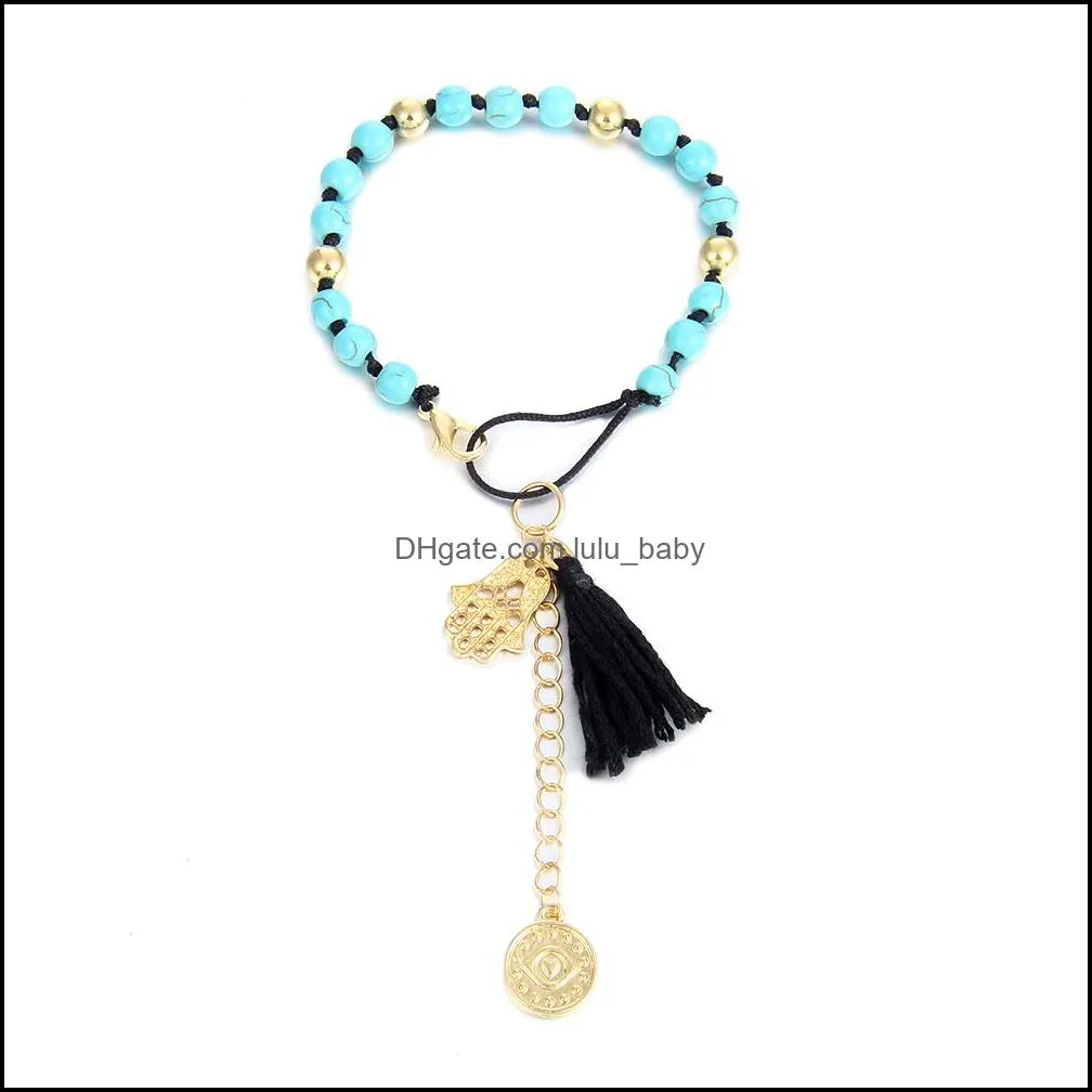 turquoise braided rope chain tassel hand palm pendant bracelet for women fashion natural stone beads bracelets