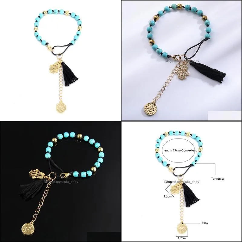 turquoise braided rope chain tassel hand palm pendant bracelet for women fashion natural stone beads bracelets