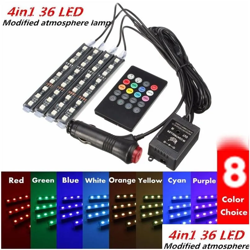 rgb 36 led car charge 12v 10w glow interior decorative 4in1 atmosphere blue inside foot light lamp remote music control