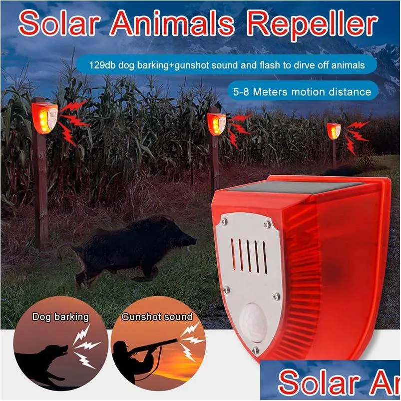 solar security alarm lights 129db guns sounds dog barking sound light strobe warning lamp for outdoor farm barn courtyard