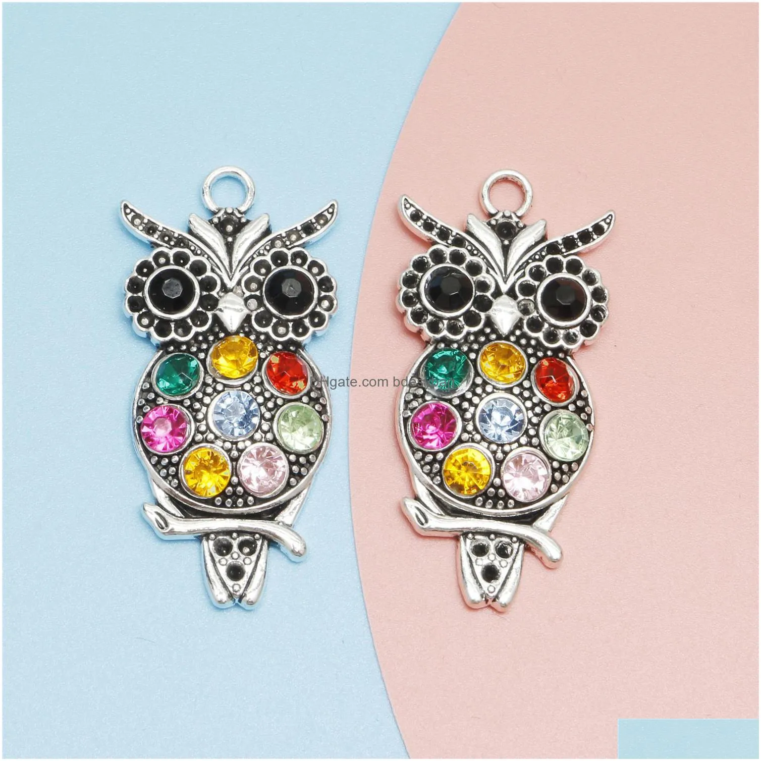 10pcs antique silver plated colorful crystal owl charm pendants for jewelry accessories making bracelet diy 49x23mm