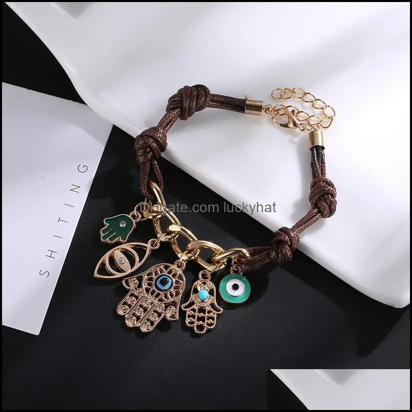fashion fatimas hand hamsa bracelet evil eye bracelets leather pendant knit link for women arm fatima 133 w2