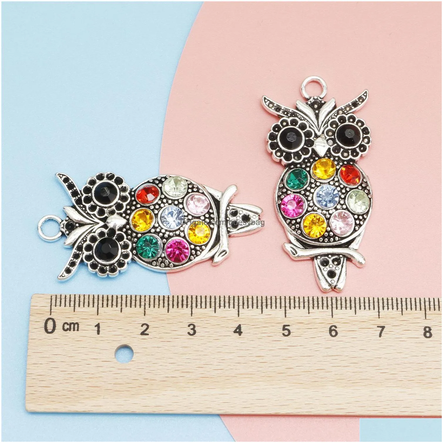 10pcs antique silver plated colorful crystal owl charm pendants for jewelry accessories making bracelet diy 49x23mm