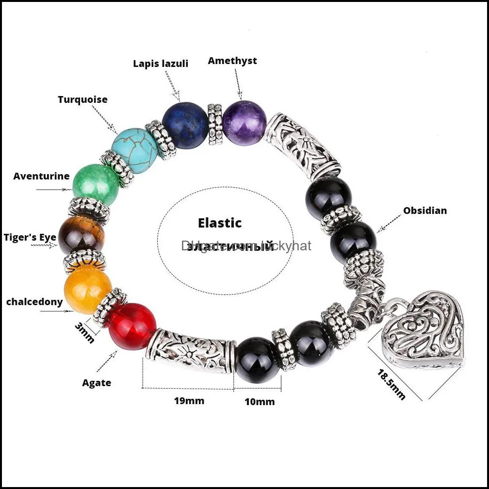 10mm heart charm beads bracelet for women men handmade 7 chakra healing balancing yoga bracelets retro jewelry gifts
