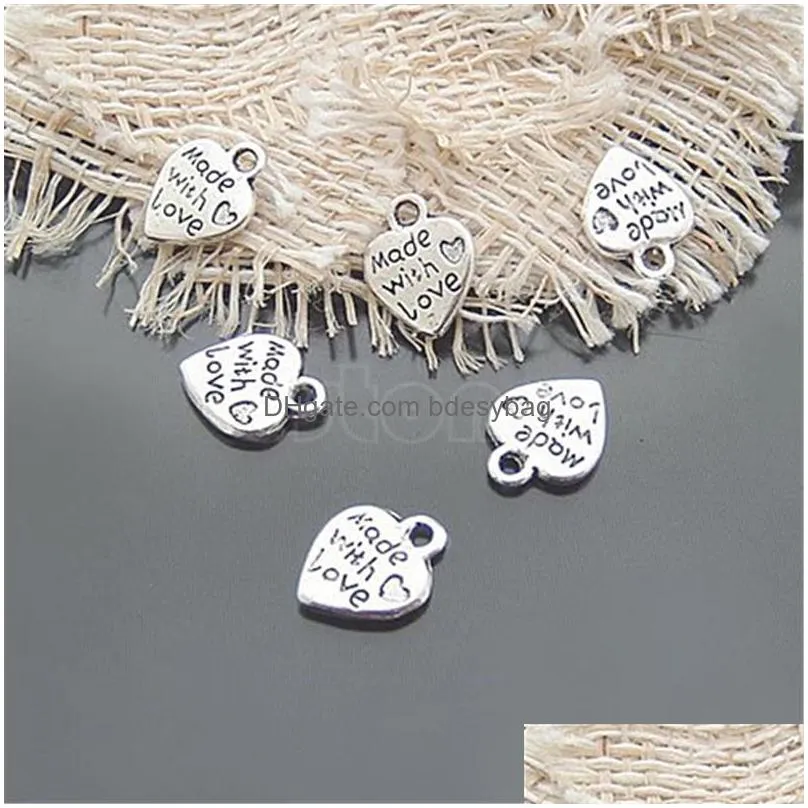 charms lot 50 silver made with love cz heart pendants necklace beads diycharms