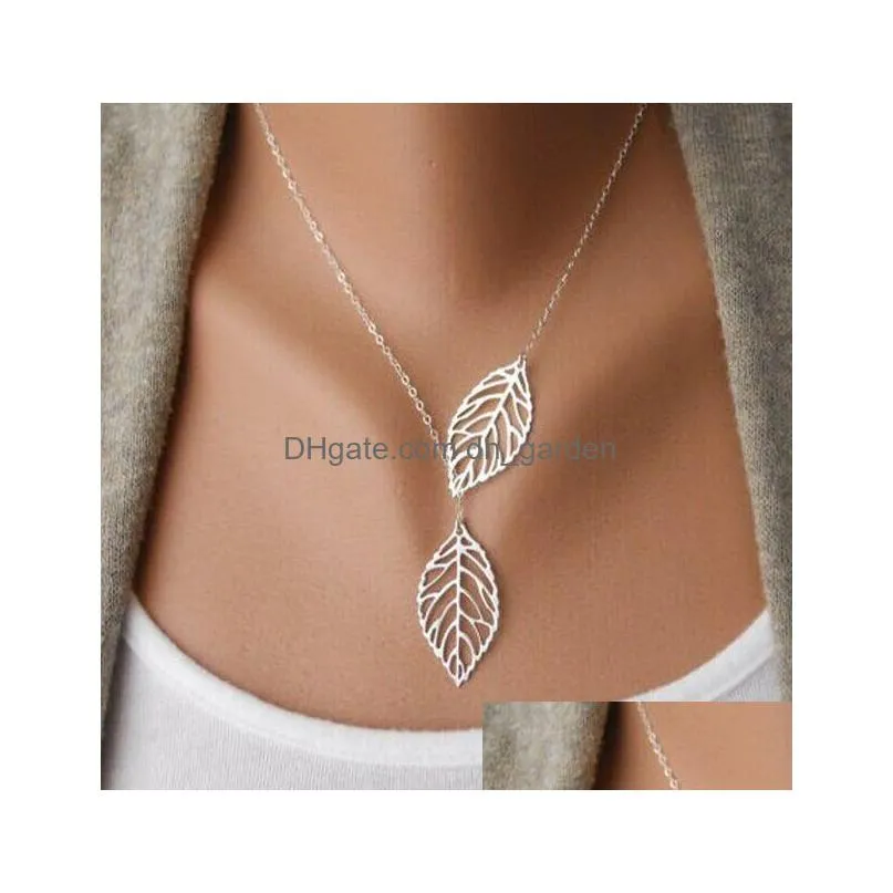 cr jewelry new punk fashion minimalist two leaves pendant clavicle necklaces for women jewelry gift tassel summer beach chain collier