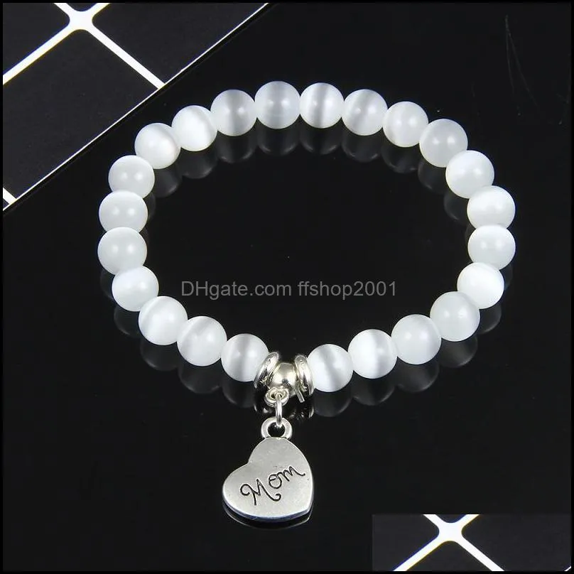 8mm opal tiger eye agate beads natural stone beaded bracelet for women heart alloy mom charm elastic bracelet fashion jewelry