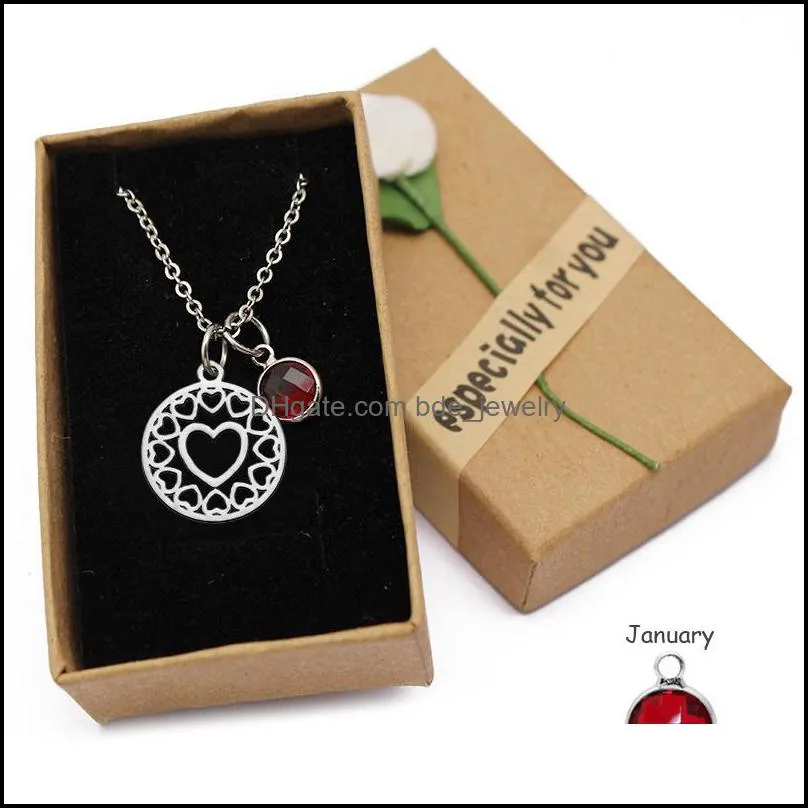 stainless steel round heart shape pendant necklace for women colorful crystal birthstone charm long necklace with gift