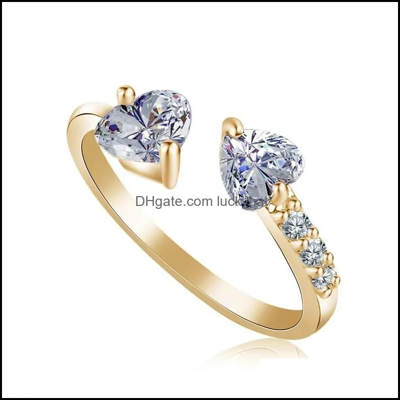 female ring jewerly double heart full diamond open ring size zircon gold and silver 2 gift antioxidation open mouse 3543