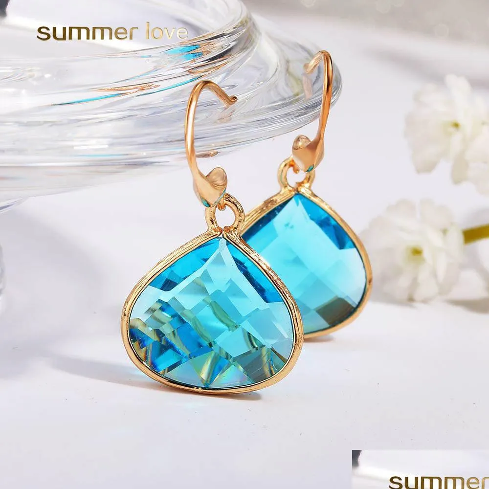 pink blue white geometric crystal glass pendant dangle earring for women elegant copper hook earring party wedding jewelry