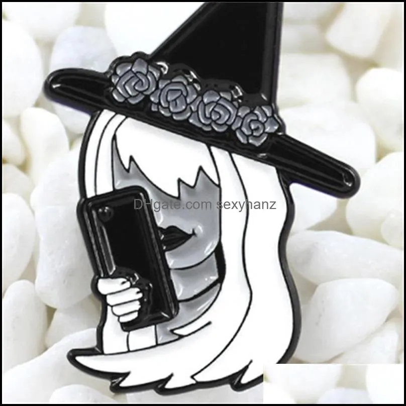 classic witch image brooch basic witch with phone and flower crown enamel pin denim backpack tshirt badge halloween punk gifts1 747