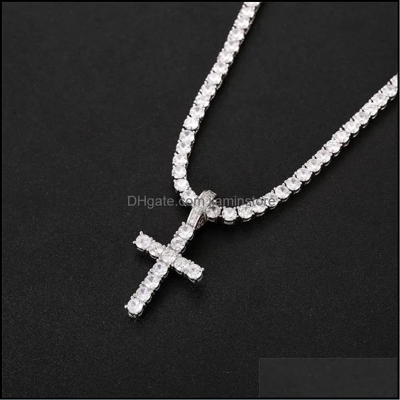 iced out zircon cross pendant with 4mm tennis chain necklace set mens hip hop jewelry gold silver cz pendant necklace 891 q2