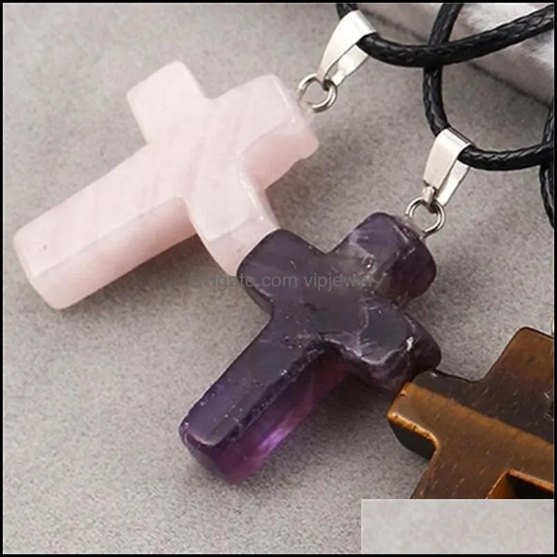 europe and the explosion of leather rope cross turquoise pink crystal pendant necklace natural stone tigereye sweater wholesale jveub 431