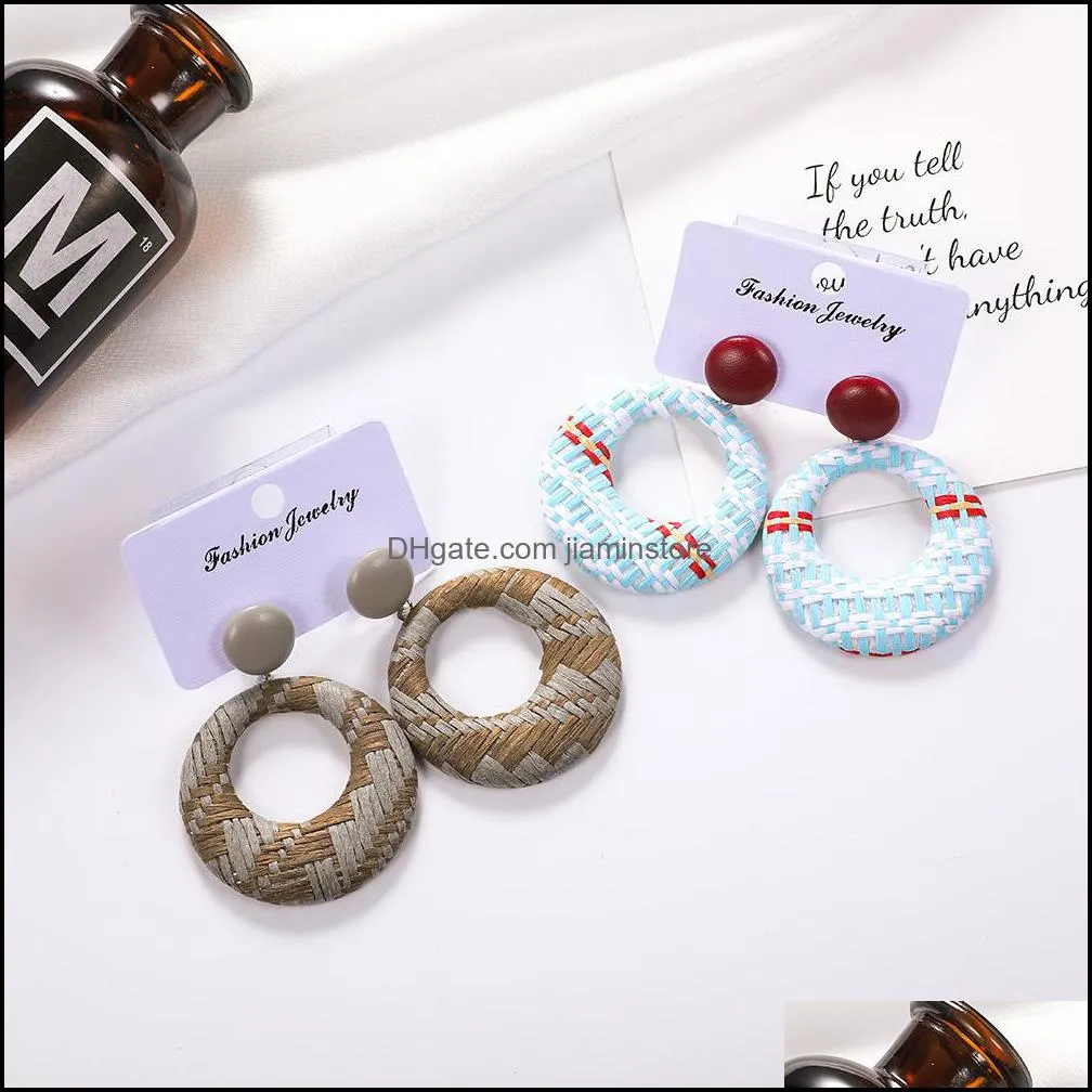bohemian round geometric raffia dangle earrings for women fashion handmade woven 6 color hoop earring jewelry gift