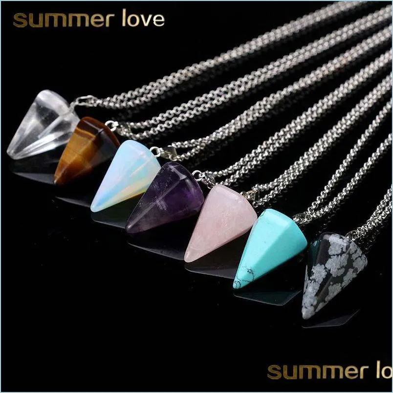 trendy natural crystal stone pendant necklace for women unique design hexagonal cone tapered crystal opal necklace jewelry wholesale