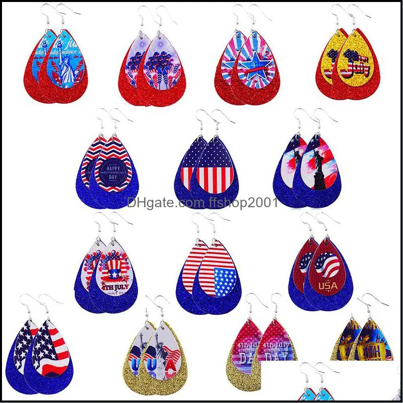 fashion design double layer pu leather earring united states flag teardrop printing dangle earring for independence day women jewelry