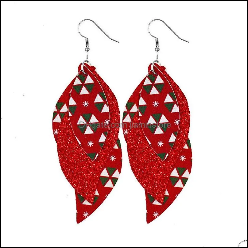 christmas earrings 3 layered s shape lightweight faux leather leaf earrings glitter red dangle earring for women gifts 138 h1