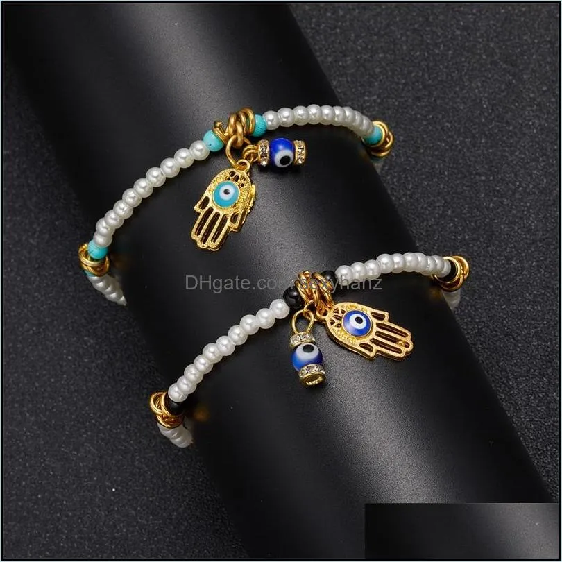 charm bracelets lucky hamsa hand pendant bracelet pearl beaded turkish evil eye for women men couple handmade friendship jewelry gifts