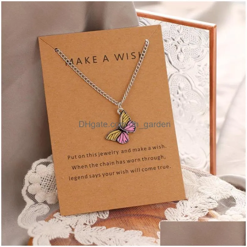 hot selling bohemian alloy inclined butterfly painting oil necklace personalized dogeared paper card clavicle chain