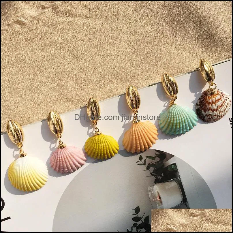 fashion colorful natural shell dangle earring for women boho gold plating alloy hoop earring summer beach jewelry