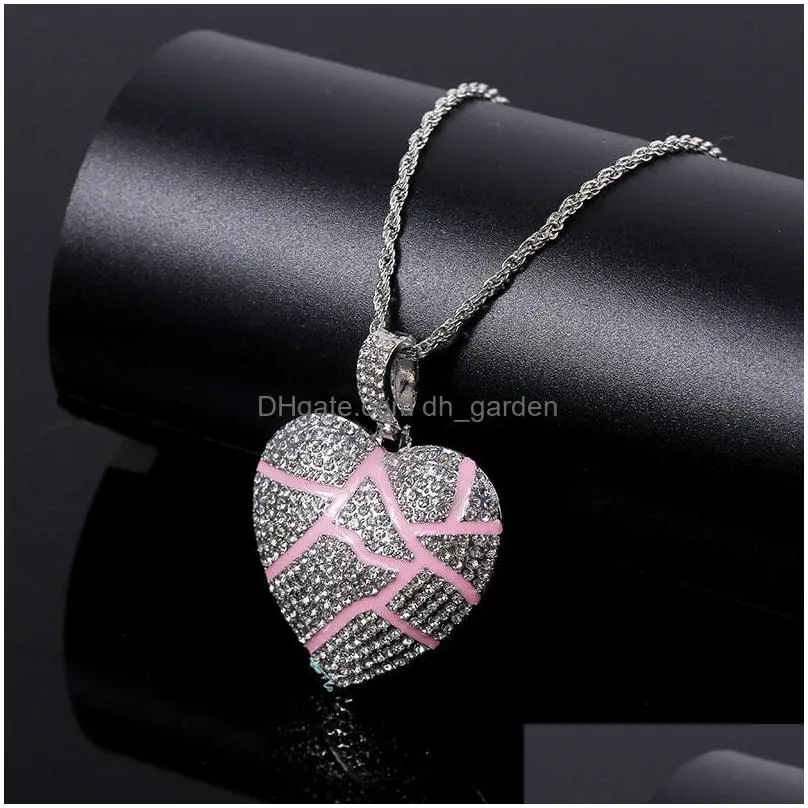 iced out pendant broken heart designer necklaces unisex bling crystal rhinestone charm gold silver chain hip hop necklace