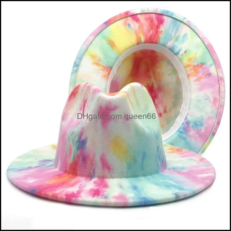 sping women men wool felt jazz fedora hats with double sided tie dye wide brim jazz church panama colorful cap 296 q2