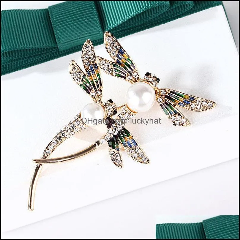 dragonfly flying insect pearl brooches pin for women mens suit coat collar large rhinestone brooche fashion jewelry