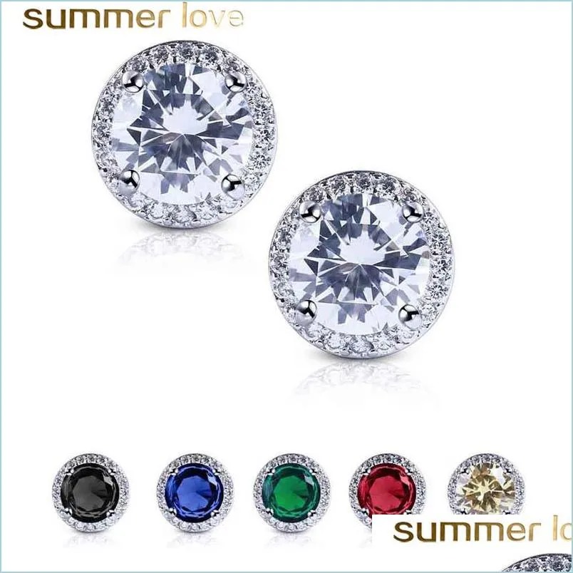 11mm cubic zirconia round gemstone stud earrings for women girls fashion colorful copper inlay zircon cz earring jewelry gift