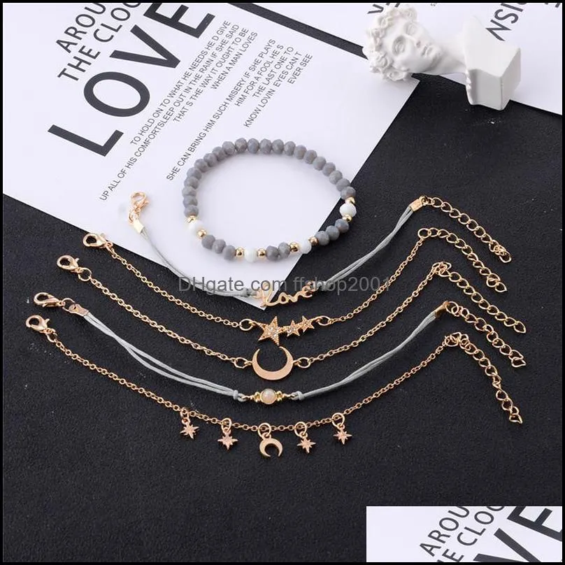 6 pcs/set gold acrylic bead multilayer braided rope bracelet for women star moon love crystal pendant classic bracelet set jewelry