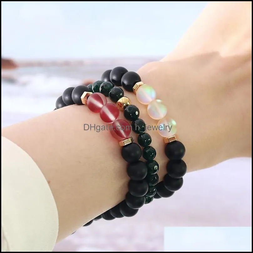 fashion natural flash stone beaded strands bracelet for women men 6mm black matte hematite agate crystal glass energy bead bracelets