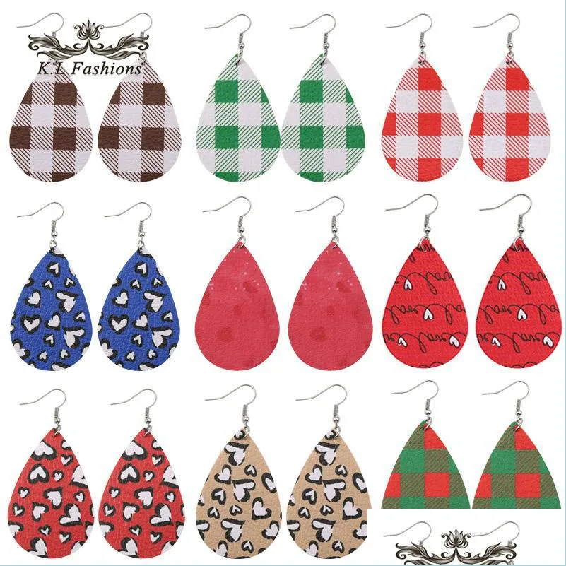 fashion teardrop faux pu leather drop earrings for women heart printing boho silver plated hook earring christmas gift 