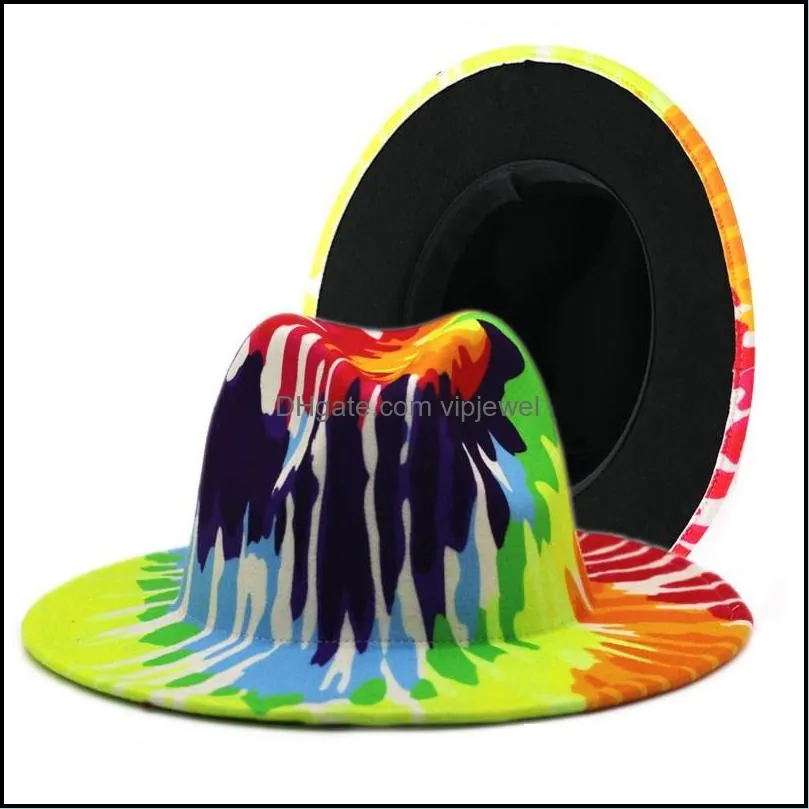 colorful tie dye felt jazz hats women faux wool fedora hat wide brim panama style party formal chapeau gambler cap