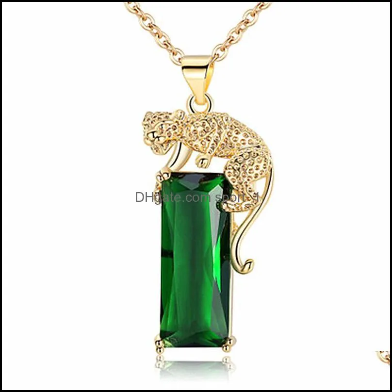 domineering animal leopard pendant big rectangle stone necklaces for men women green zircon yellow gold link chain necklace