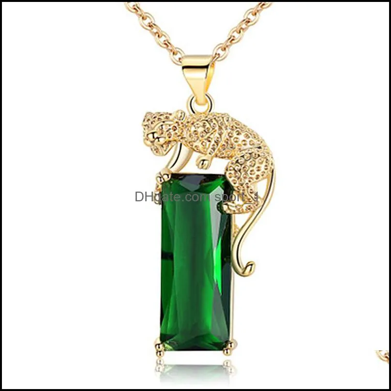 domineering animal leopard pendant big rectangle stone necklaces for men women green zircon yellow gold link chain necklace