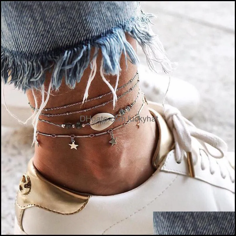 4 pcs/set boho star natural shell stone anklet bracelet woman summer beach vintag silver beads chain anklets on the leg foot jewelry