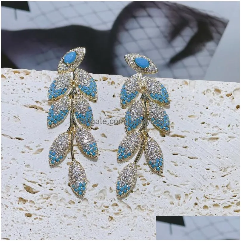stud earrings hibride unique design multicolor leaf long for women bridal prom party cubic zirconia fashion jewelry e1036