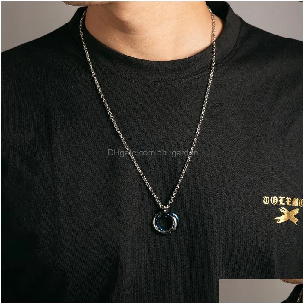 wholesale tiktok japan korea 24 inches hiphop pendant metrosexual three ring titanium steel necklace circles art pendants